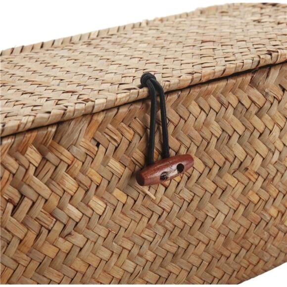 Seagrass Storage Basket with Lid Rectangular Small Woven Shelf Baskets with - Picture 5 of 8